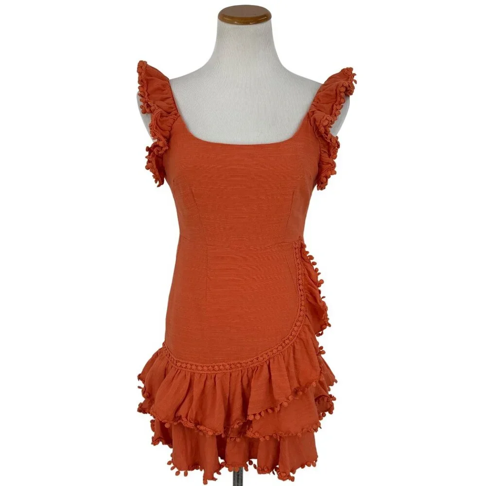 Selfie Leslie Orange Layered Crochet Ruffle Trim Cotton Mini Dress Party Dress - Picture 2 of 16
